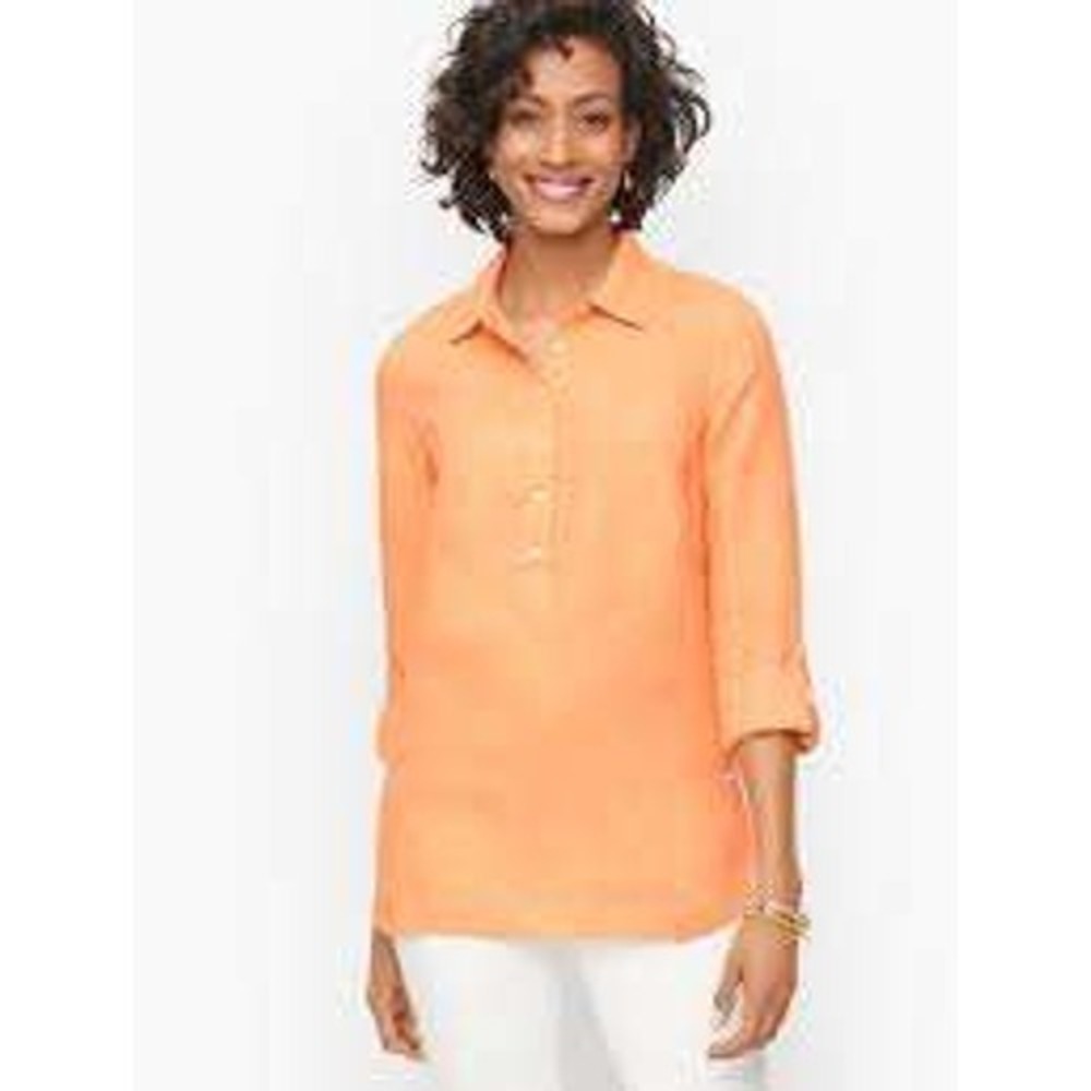 Talbots Womens Linen Tunic Shirt Large Peach Orange Roll Tab Sleeve Popover